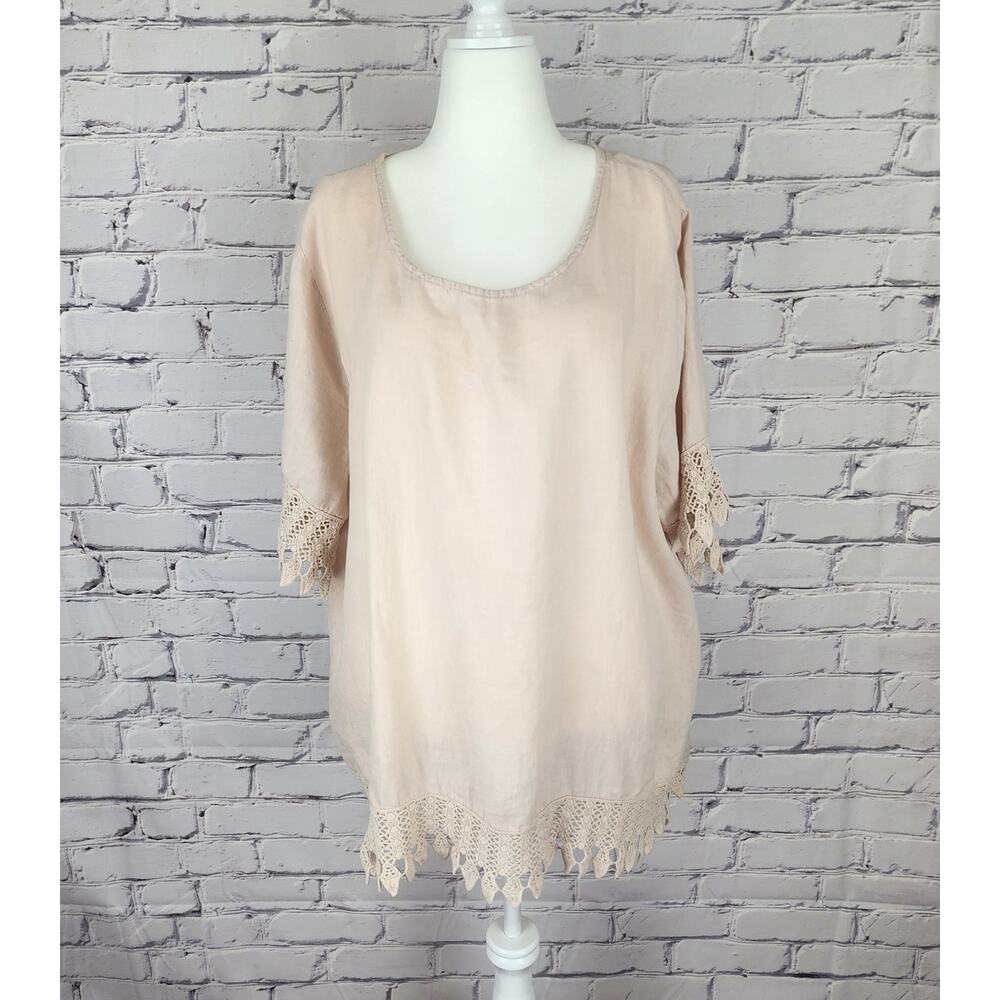 Lung O L’arno Beige 100% Linen Round Neck Top 3/4 Sleeves Lace Trimmed Size 3XL